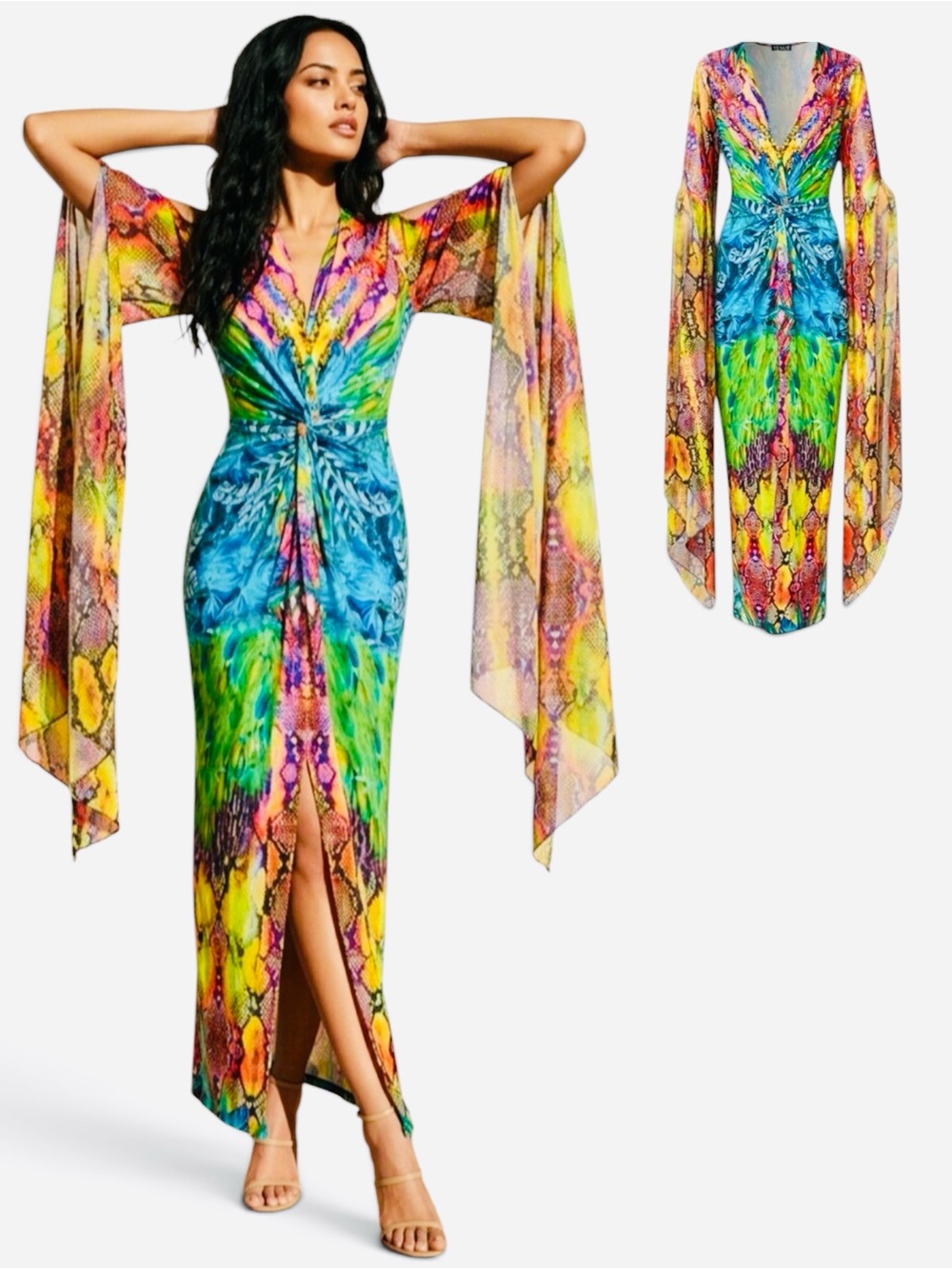 VENUS Elegant Bright Tropical/Snake Print Maxi Dress with Dramatic Sleeves